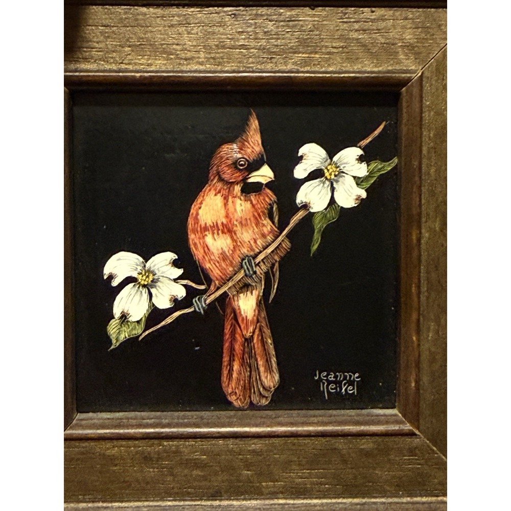 Vintage Jeanne Reifel Bird Cardinal Scratchboard Small Art Painting Folk Art